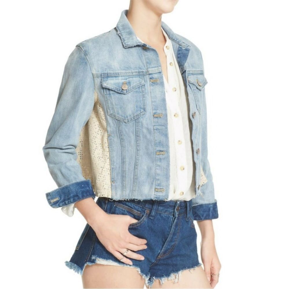 FREE PEOPLE | Crochet Lace Insert Cropped Denim Jean Jacket Women’s Size M - Picture 11 of 11